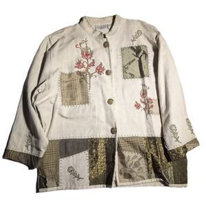 Vtg 1990s Timbuktu Station Ivory Beige Patchwork Button Up Collarless Jacket L